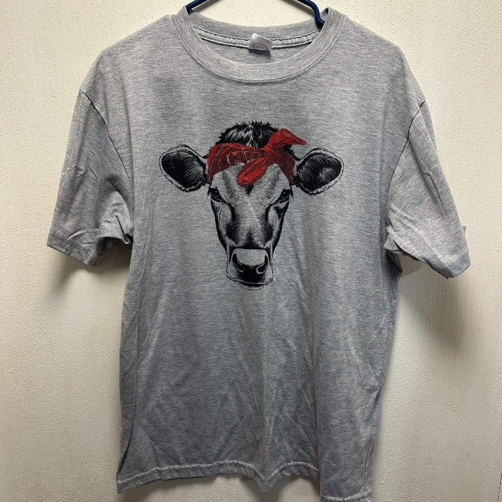 Gray Graphic T-Shirt with Cow Design